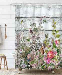 Vintage Wooden Shower Curtain with Herbs and Succulents, Pink and White Flowers Butterfly Decoration