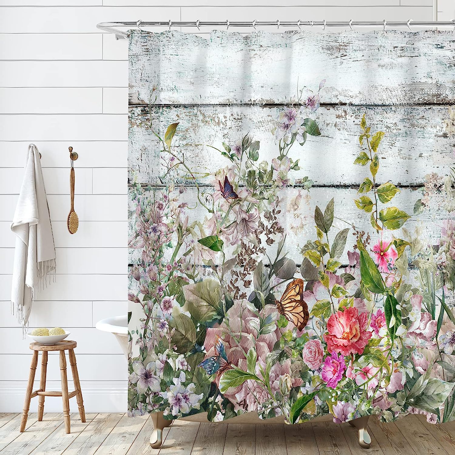 Vintage Wooden Shower Curtain with Herbs and Succulents, Pink and White Flowers Butterfly Decoration