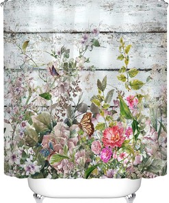 Vintage Wooden Shower Curtain with Herbs and Succulents, Pink and White Flowers Butterfly Decoration