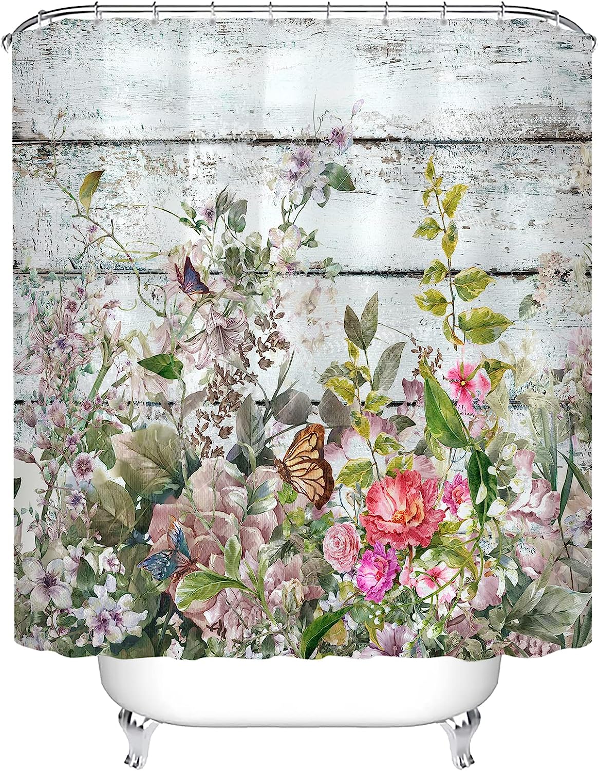 Vintage Wooden Shower Curtain with Herbs and Succulents, Pink and White Flowers Butterfly Decoration