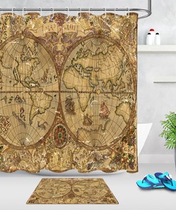 Vintage World Map Pirate Ship Shower Curtain, Waterproof Fabric Bathroom Curtain with Historical Theme