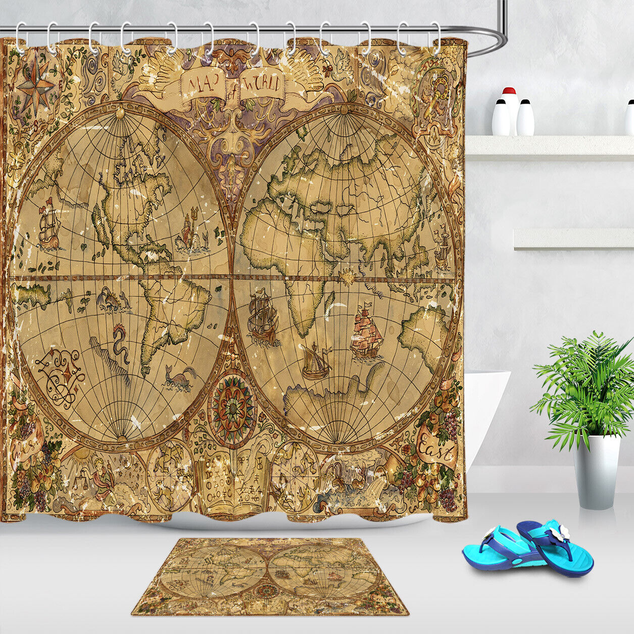 Vintage World Map Pirate Ship Shower Curtain, Waterproof Fabric Bathroom Curtain with Historical Theme