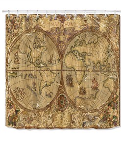 Vintage World Map Pirate Ship Shower Curtain, Waterproof Fabric Bathroom Curtain with Historical Theme