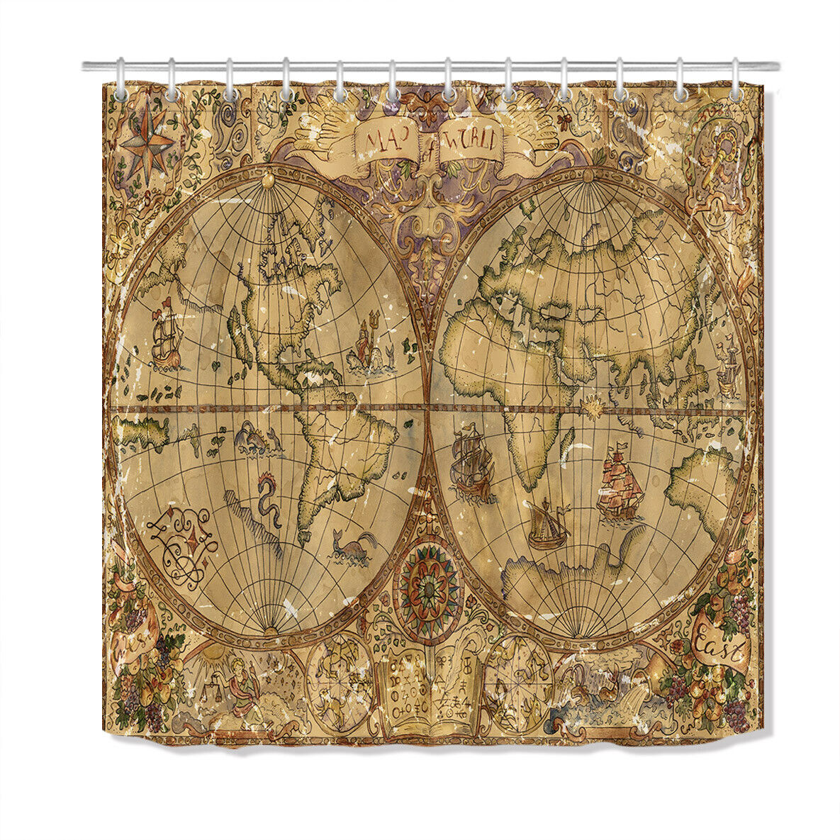 Vintage World Map Pirate Ship Shower Curtain, Waterproof Fabric Bathroom Curtain with Historical Theme