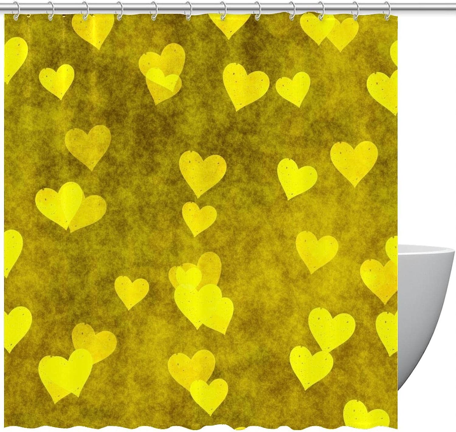 Vintage Yellow Hearts Shower Curtain, Retro Washable Bath Curtain with Heart Print for Bathroom