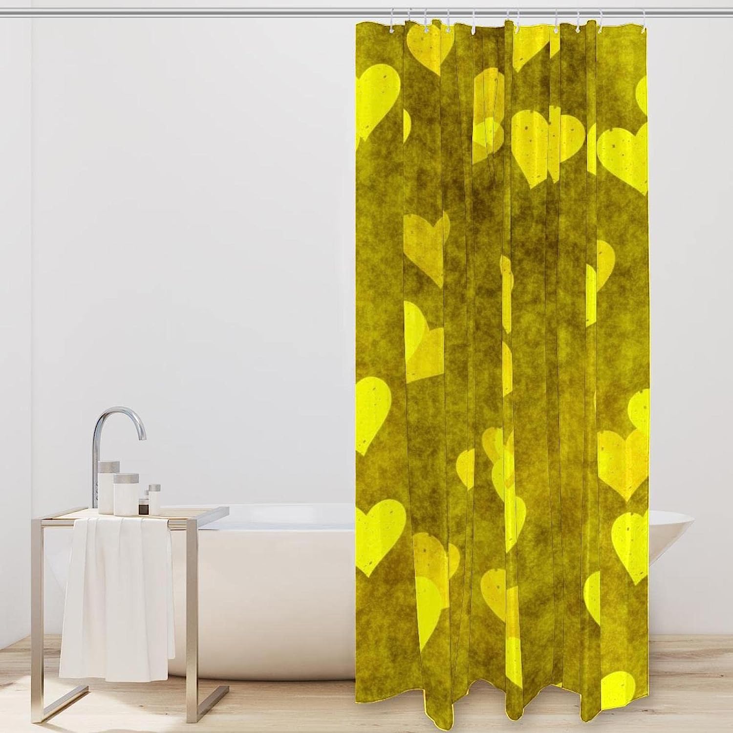 Vintage Yellow Hearts Shower Curtain, Retro Washable Bath Curtain with Heart Print for Bathroom