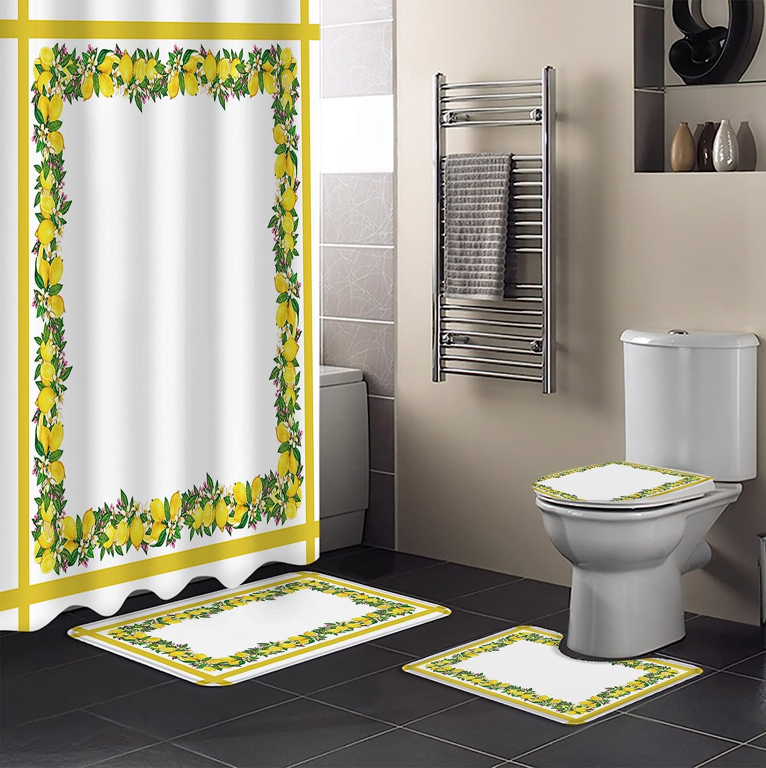 Vintage Yellow Stripe Lemon Flowers Shower Curtain for Bathroom