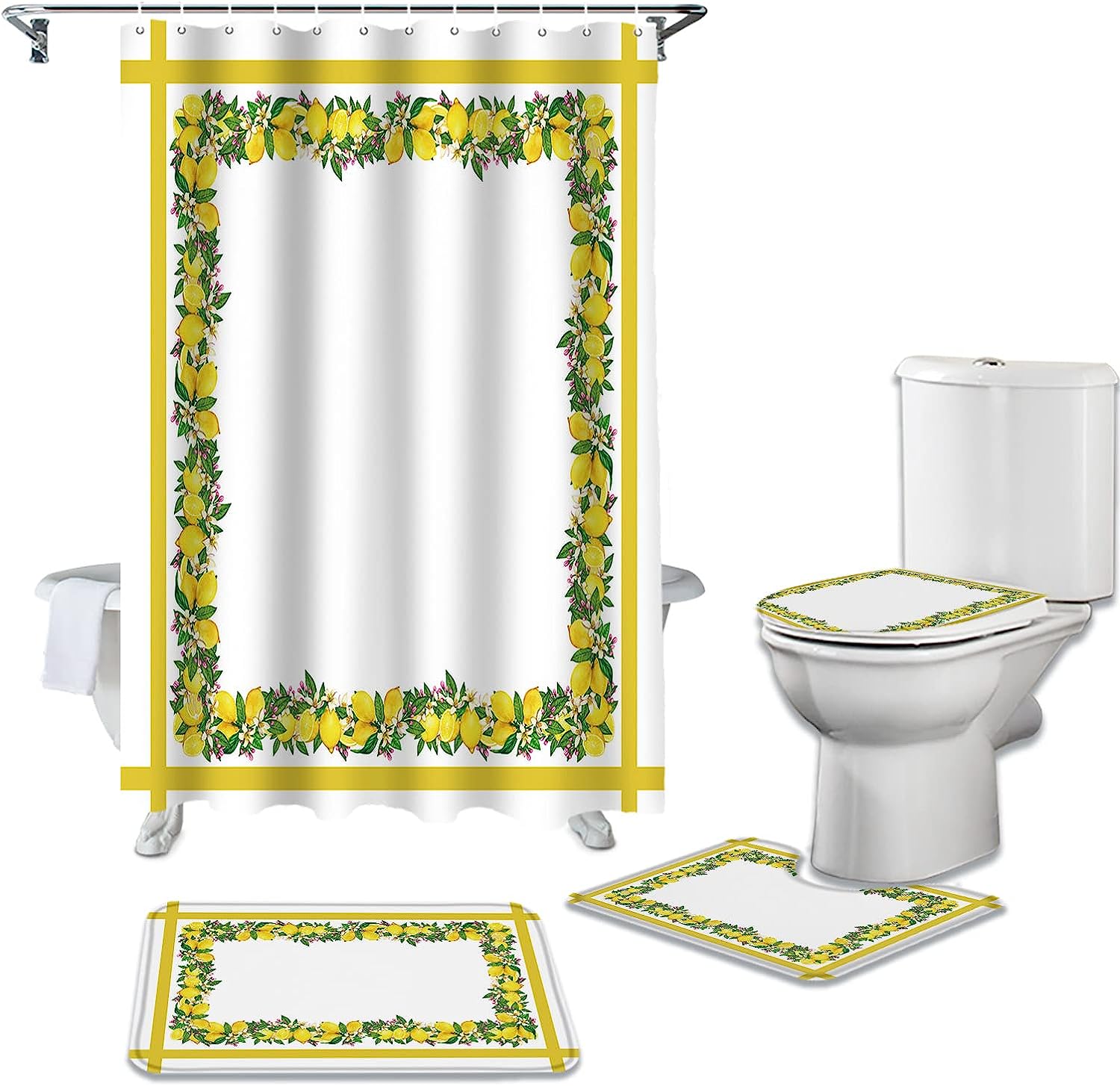 Vintage Yellow Stripe Lemon Flowers Shower Curtain for Bathroom
