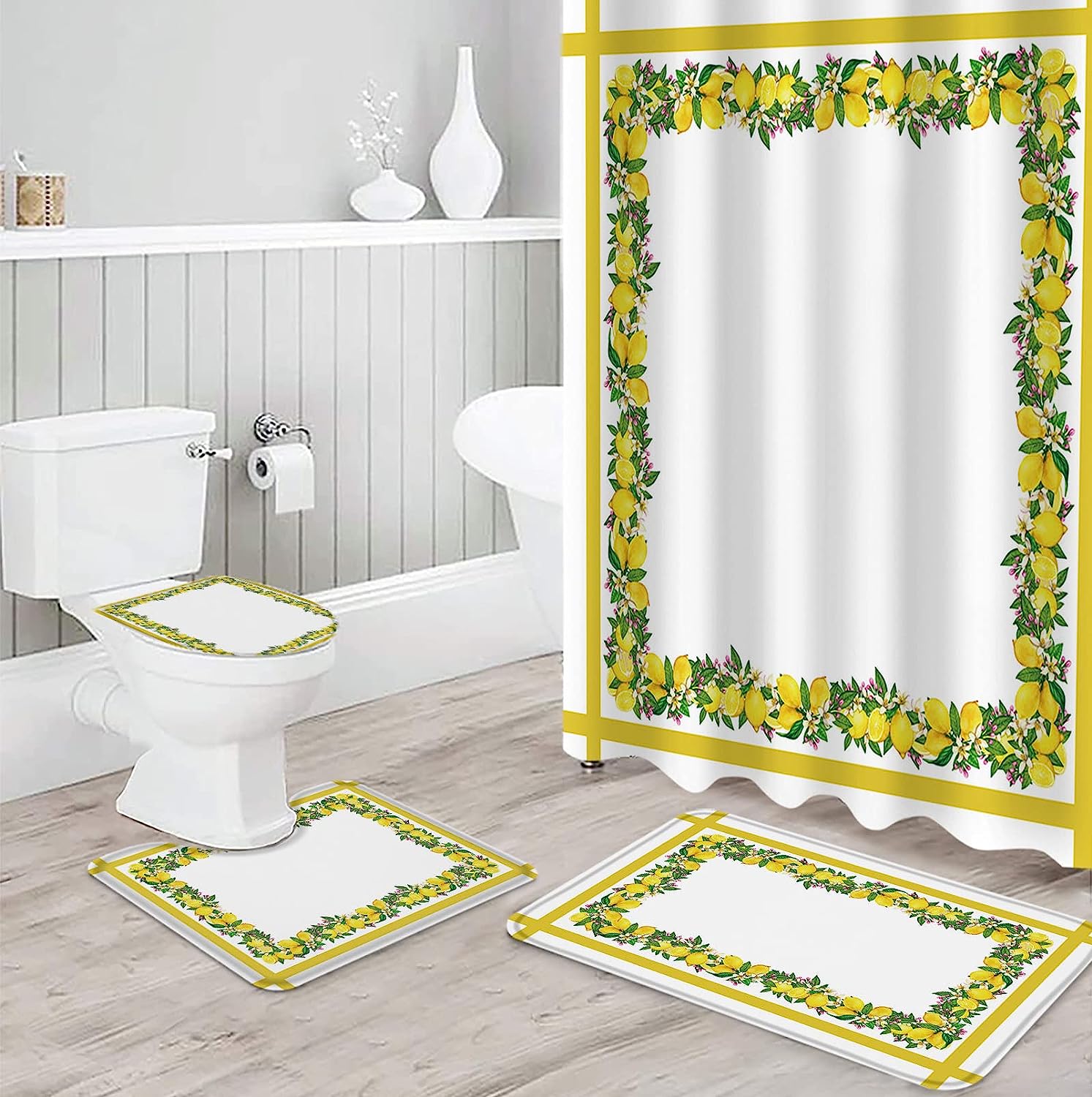 Vintage Yellow Stripe Lemon Flowers Shower Curtain for Bathroom