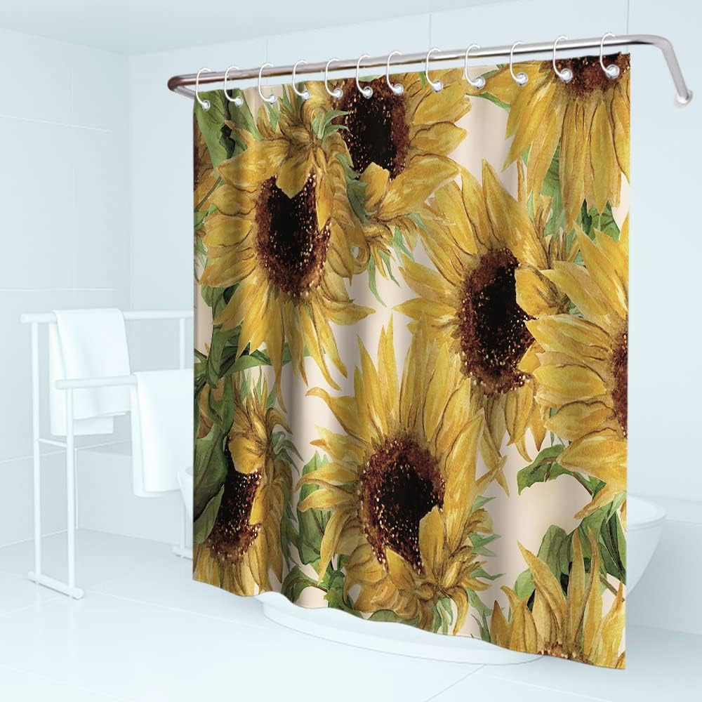 Vintage Yellow Sunflower Print Shower Curtain Rustic Country Bathroom Decor Waterproof
