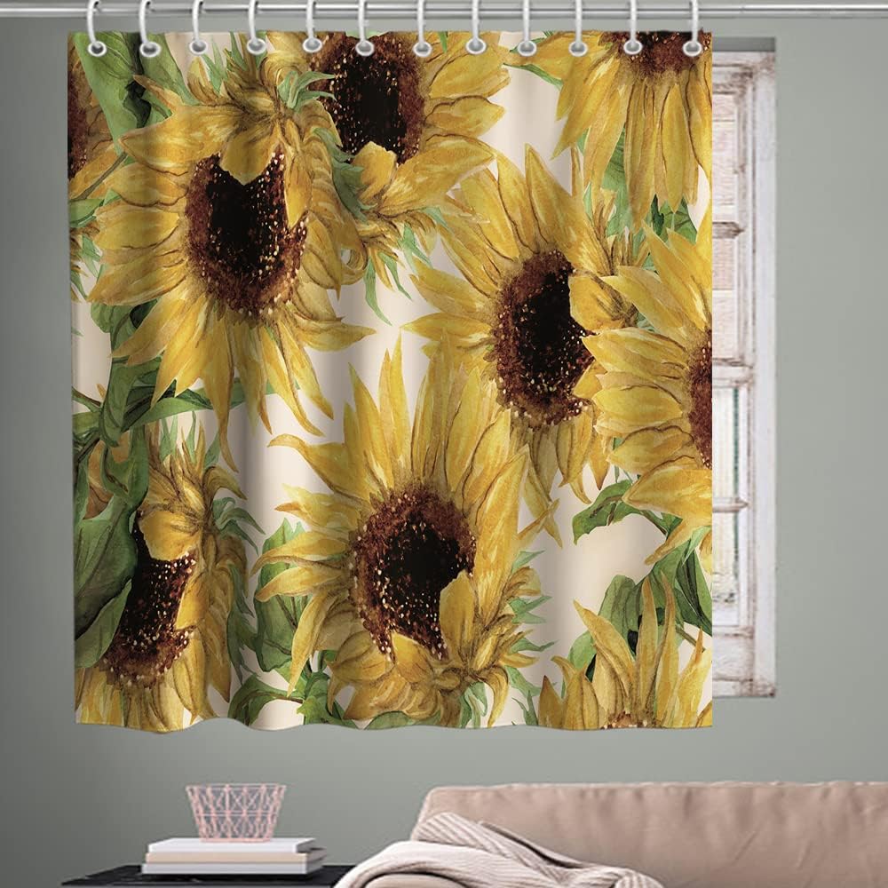 Vintage Yellow Sunflower Print Shower Curtain Rustic Country Bathroom Decor Waterproof