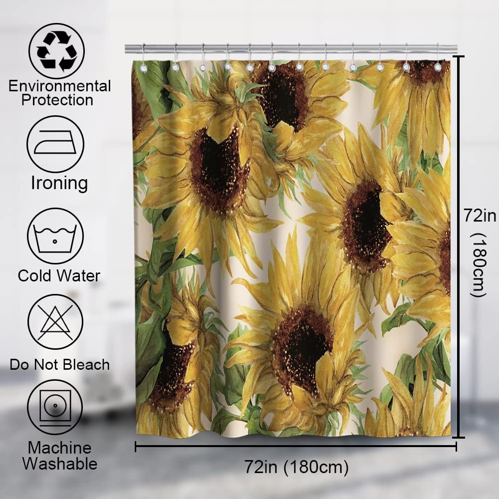 Vintage Yellow Sunflower Print Shower Curtain Rustic Country Bathroom Decor Waterproof