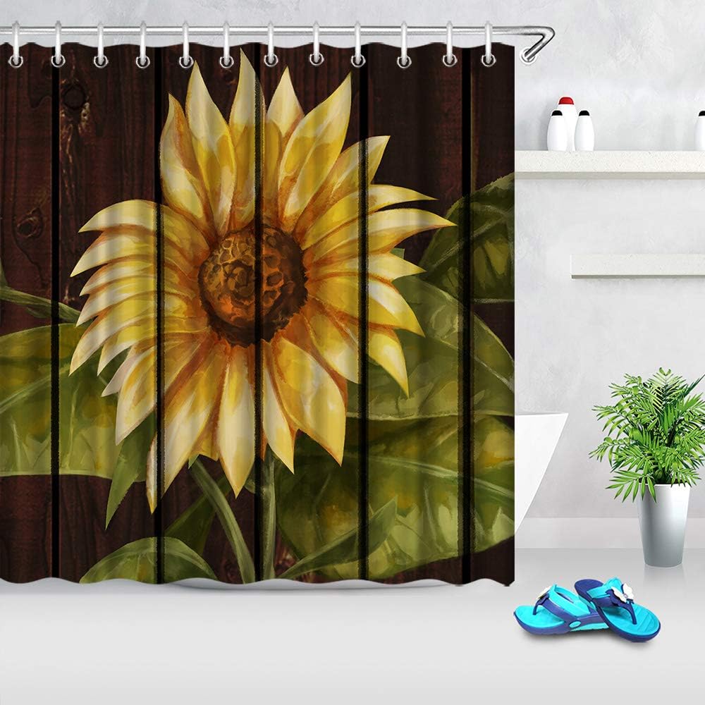 Vintage Yellow Sunflower Print Shower Curtain for Rustic Bathroom Decor