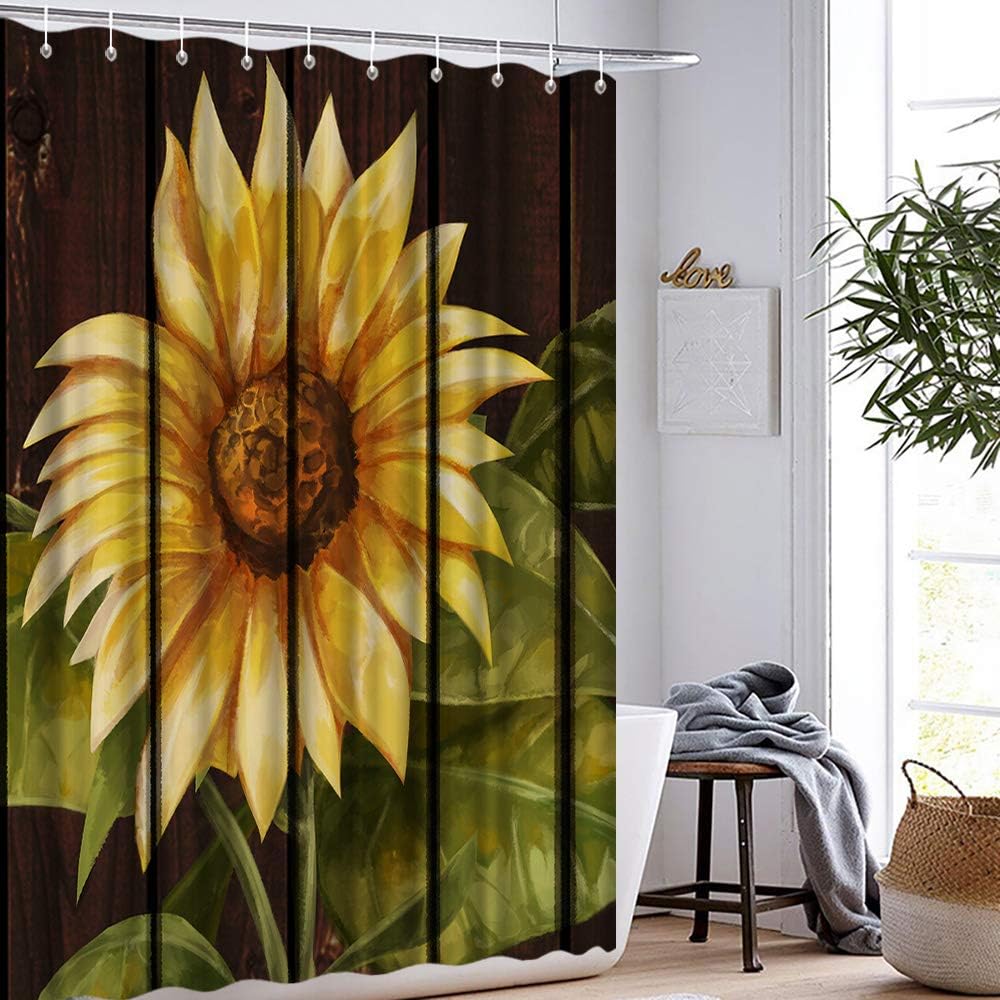 Vintage Yellow Sunflower Print Shower Curtain for Rustic Bathroom Decor