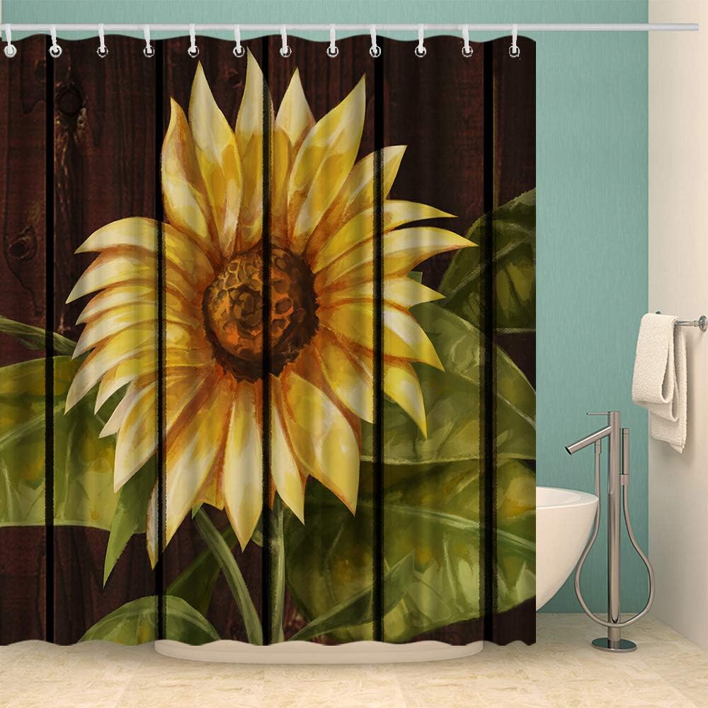 Vintage Yellow Sunflower Print Shower Curtain for Rustic Bathroom Decor