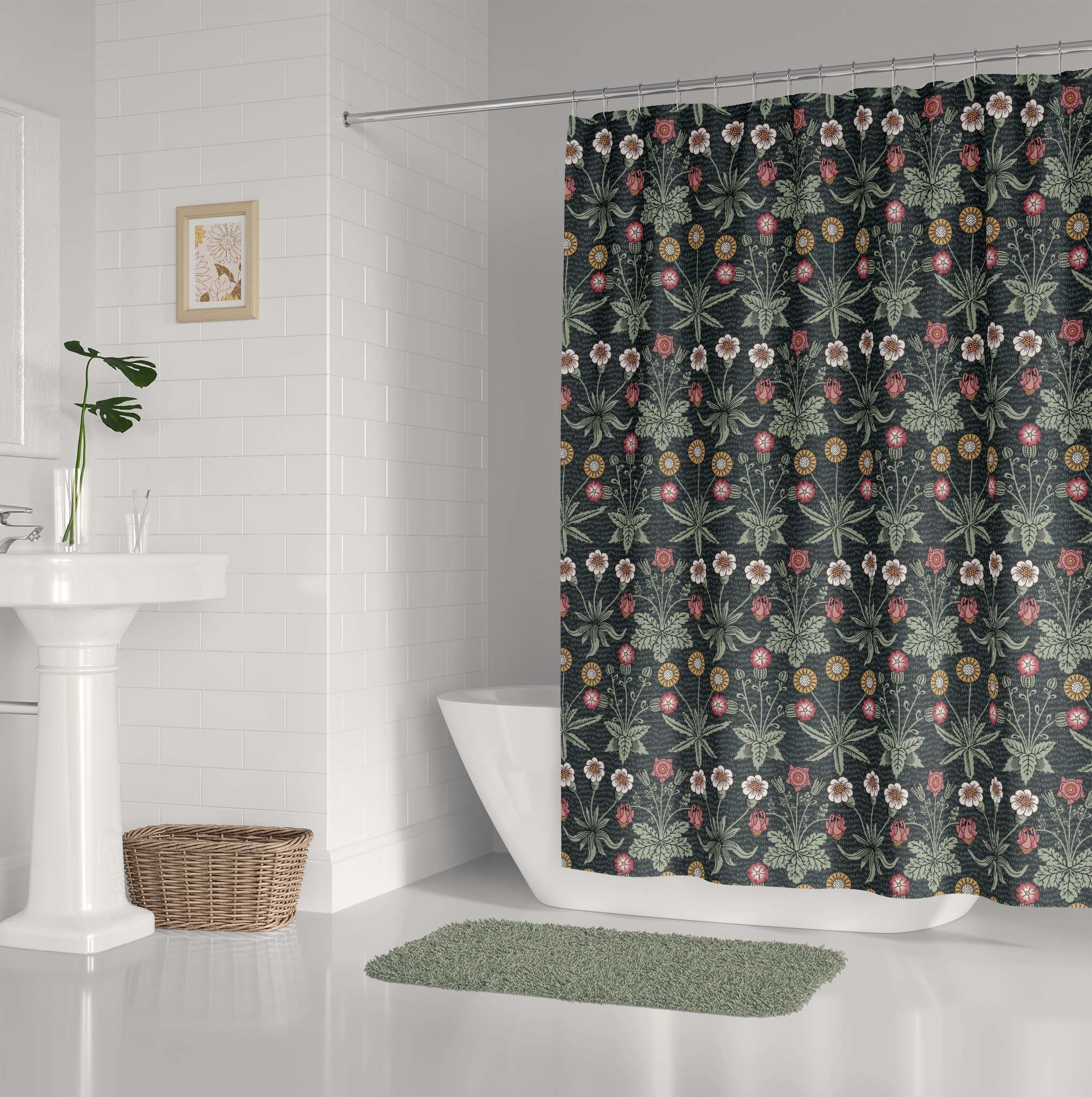 Vintage-Inspired Chamomile Dandelion Wildflowers Shower Curtain, William Morris-Inspired Design for a Romantic Bathroom