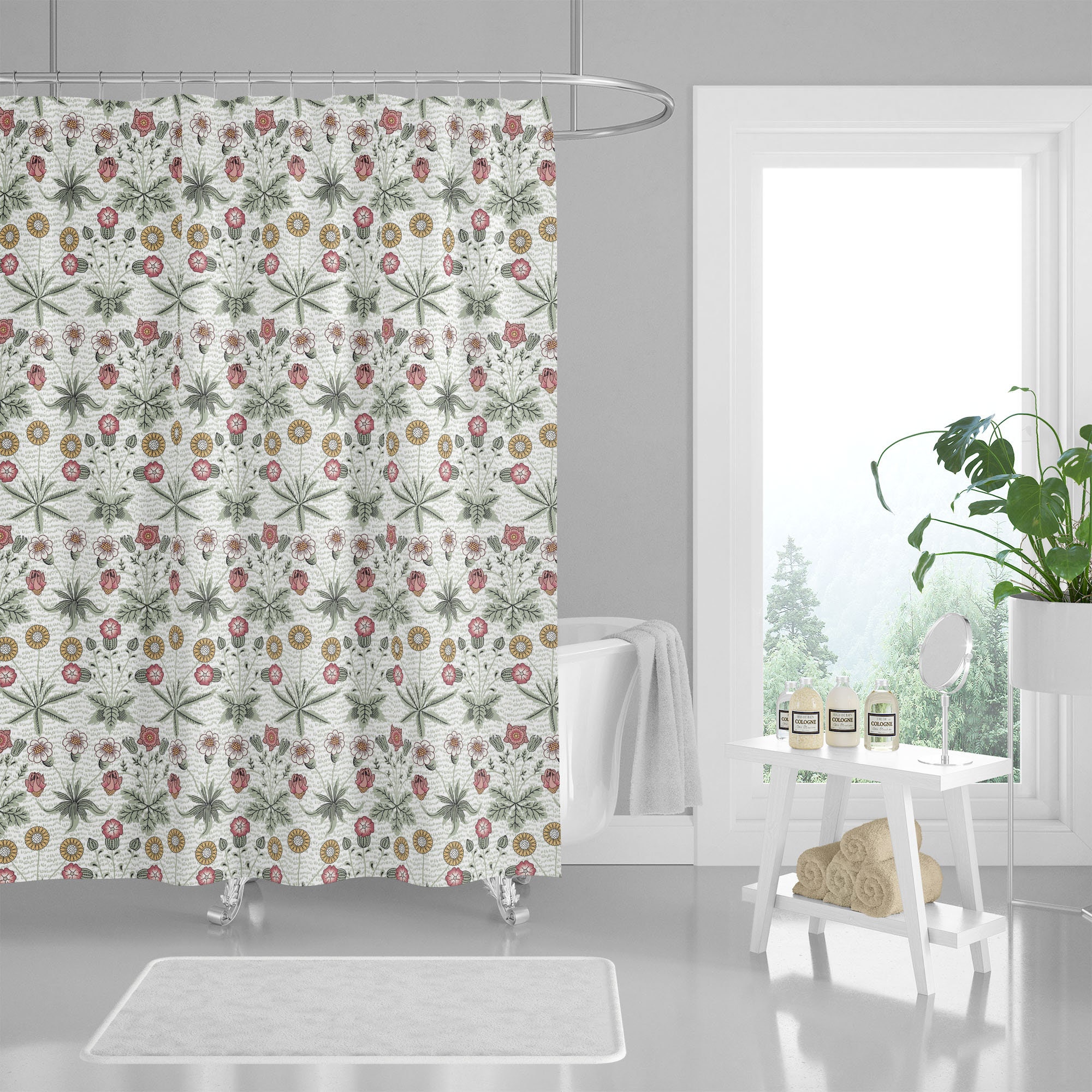 Vintage-Inspired Chamomile Dandelion Wildflowers Shower Curtain, William Morris-Inspired Design for a Romantic Bathroom