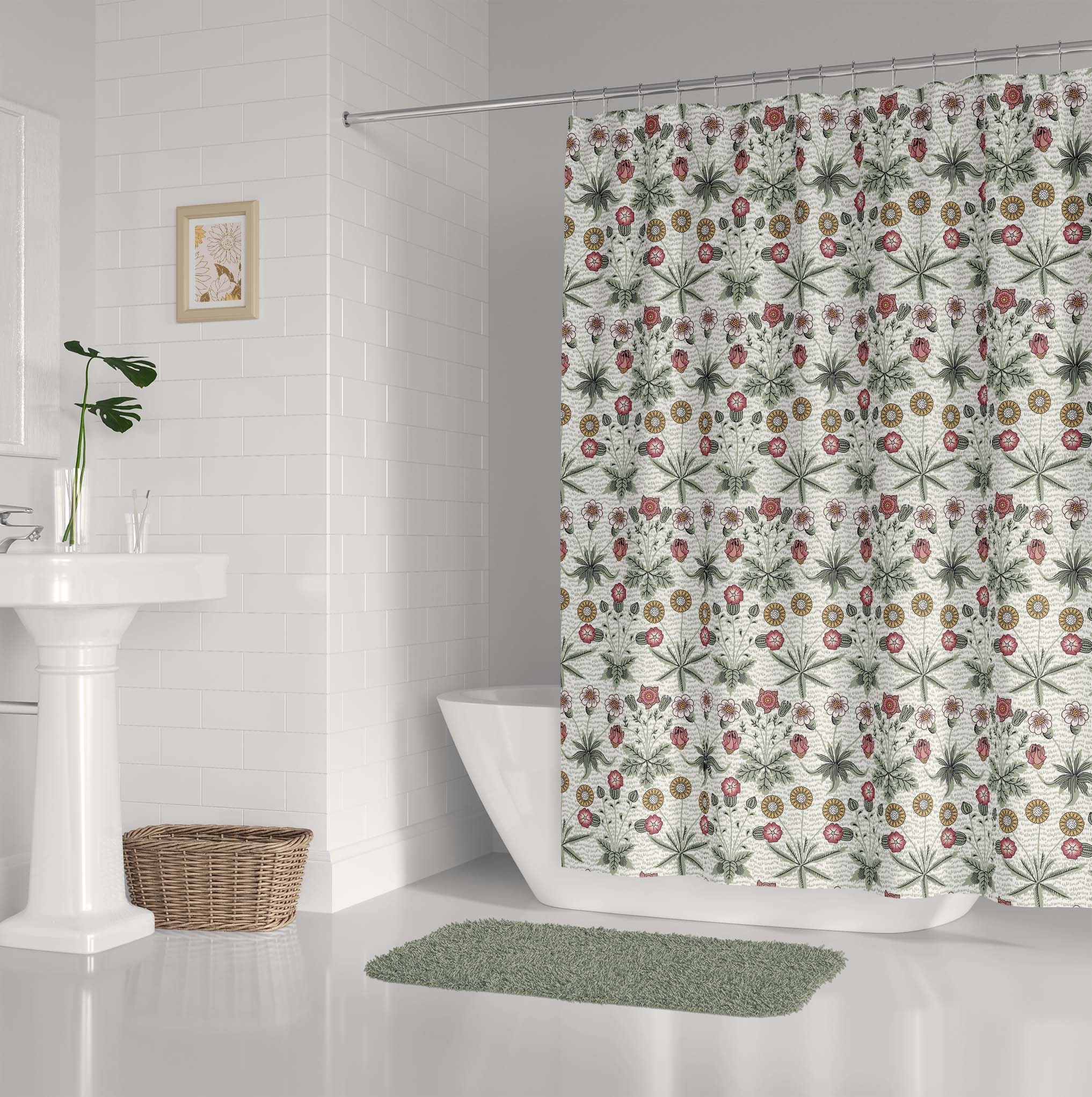 Vintage-Inspired Chamomile Dandelion Wildflowers Shower Curtain, William Morris-Inspired Design for a Romantic Bathroom