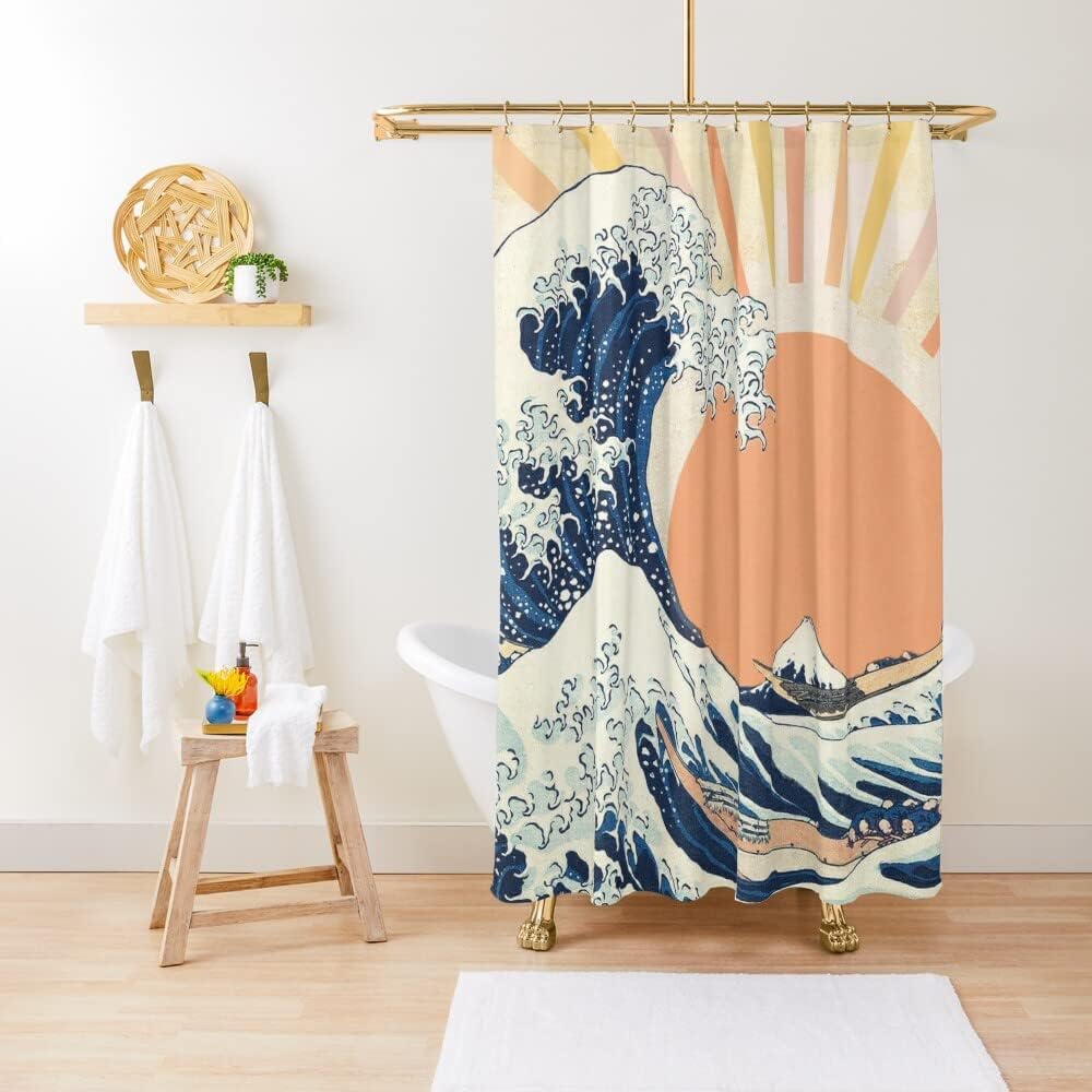 Vintage-Inspired Great Wave Off Kanagawa Sunset Shower Curtain