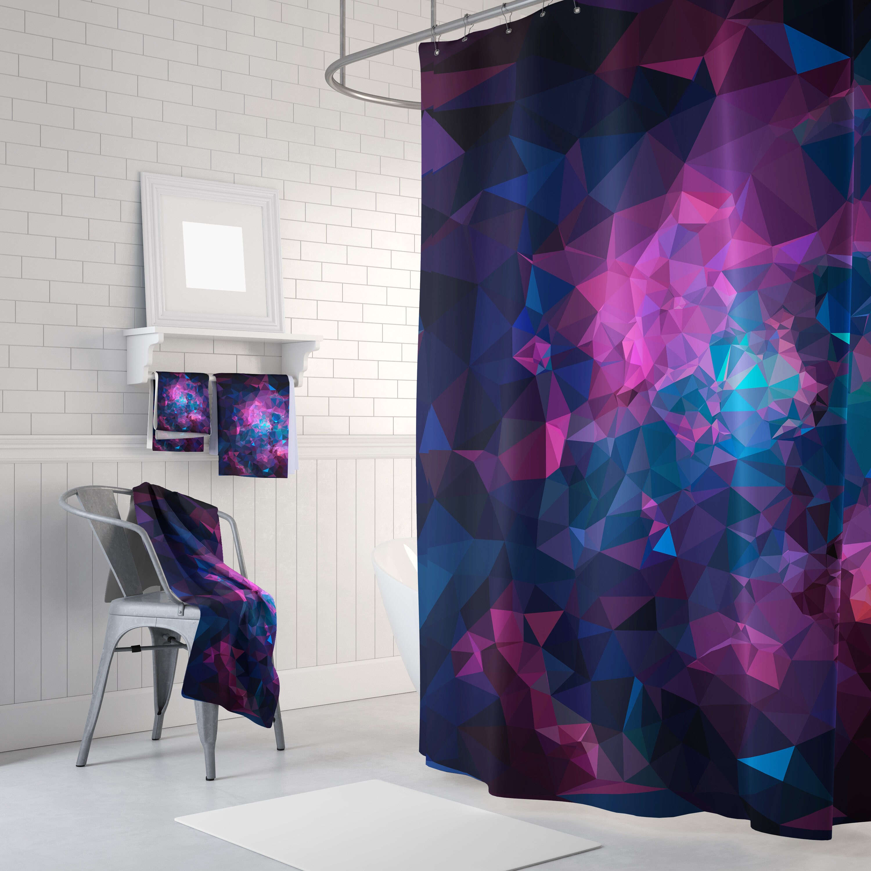 Violet Low Poly Abstract Lilac Polygon Art Purple Shower Curtain Design for Colorful Bathroom