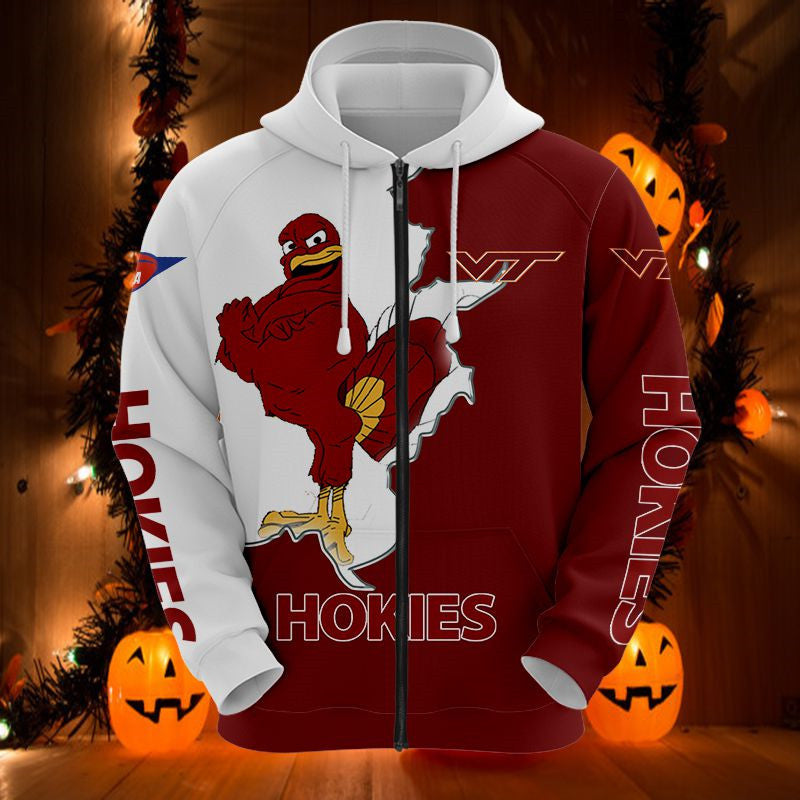 Virginia Tech Hokies Mascot Long Sleeve 3D Zip Hoodie For Fans