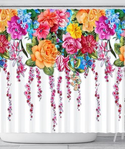 Vivid Blossoming Garden Fabric Shower Curtain With Tropical Flowers, Beautiful Bathroom Accessory