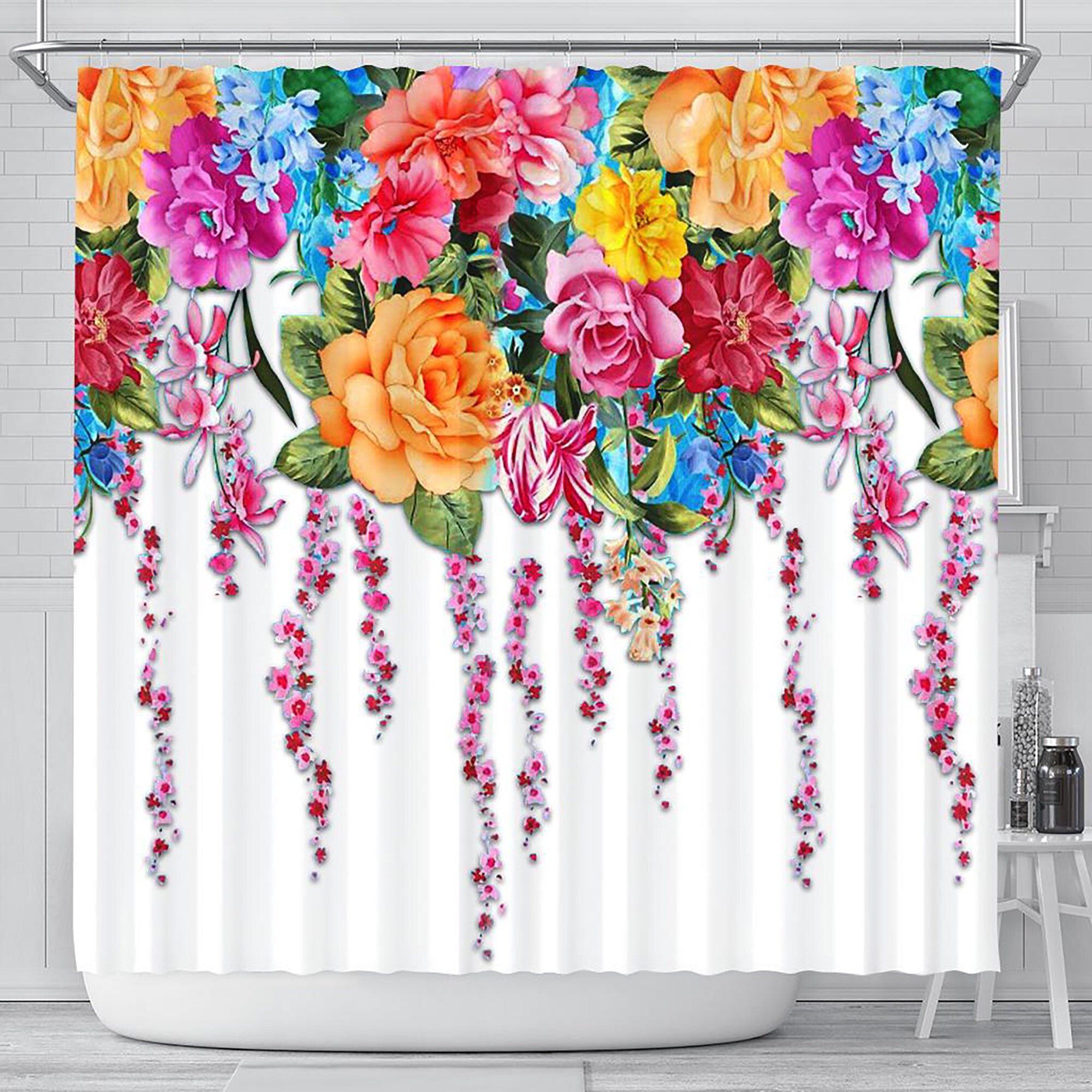 Vivid Blossoming Garden Fabric Shower Curtain With Tropical Flowers, Beautiful Bathroom Accessory