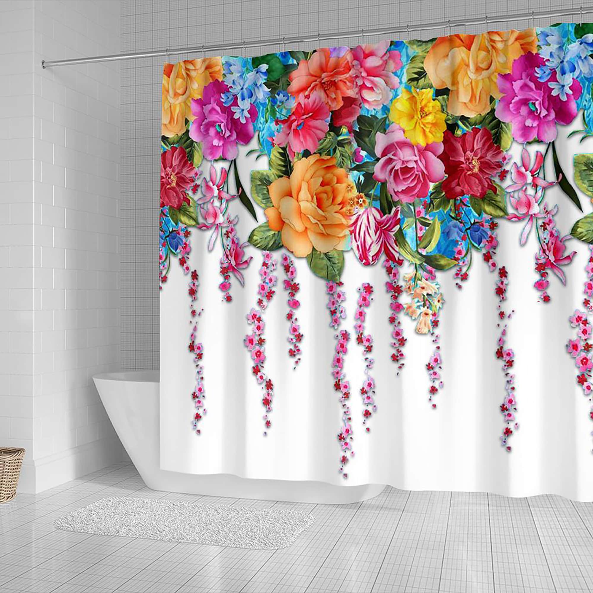 Vivid Blossoming Garden Fabric Shower Curtain With Tropical Flowers, Beautiful Bathroom Accessory - Image 2