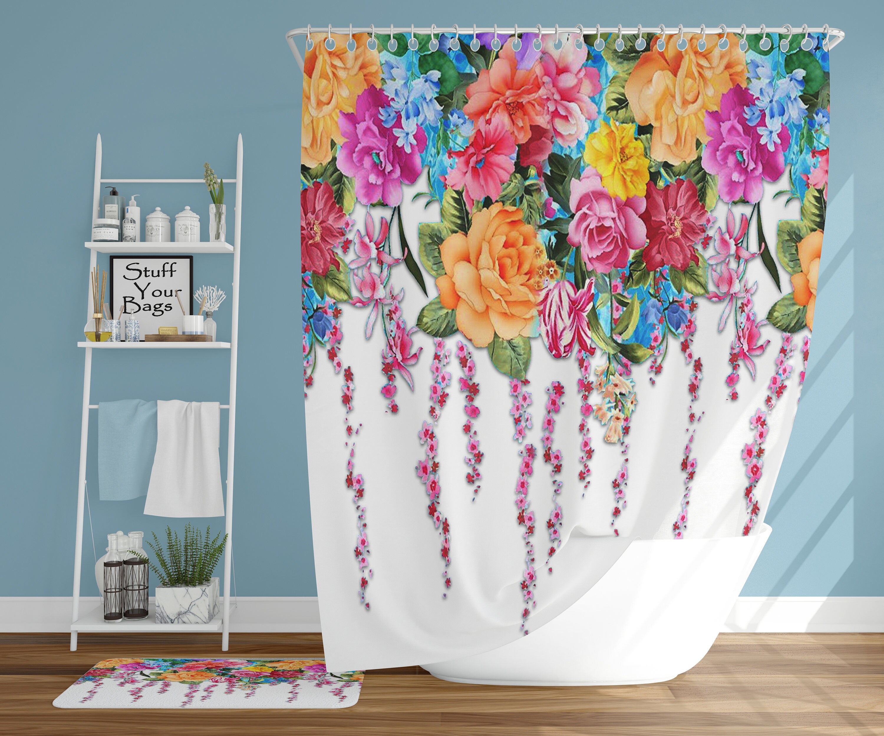 Vivid Blossoming Garden Fabric Shower Curtain With Tropical Flowers, Beautiful Bathroom Accessory - Image 3