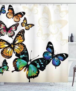 Vivid Monarch Butterflies Flying Shades Shadows Dreamlike Fantasy White Ecru Shower Curtain