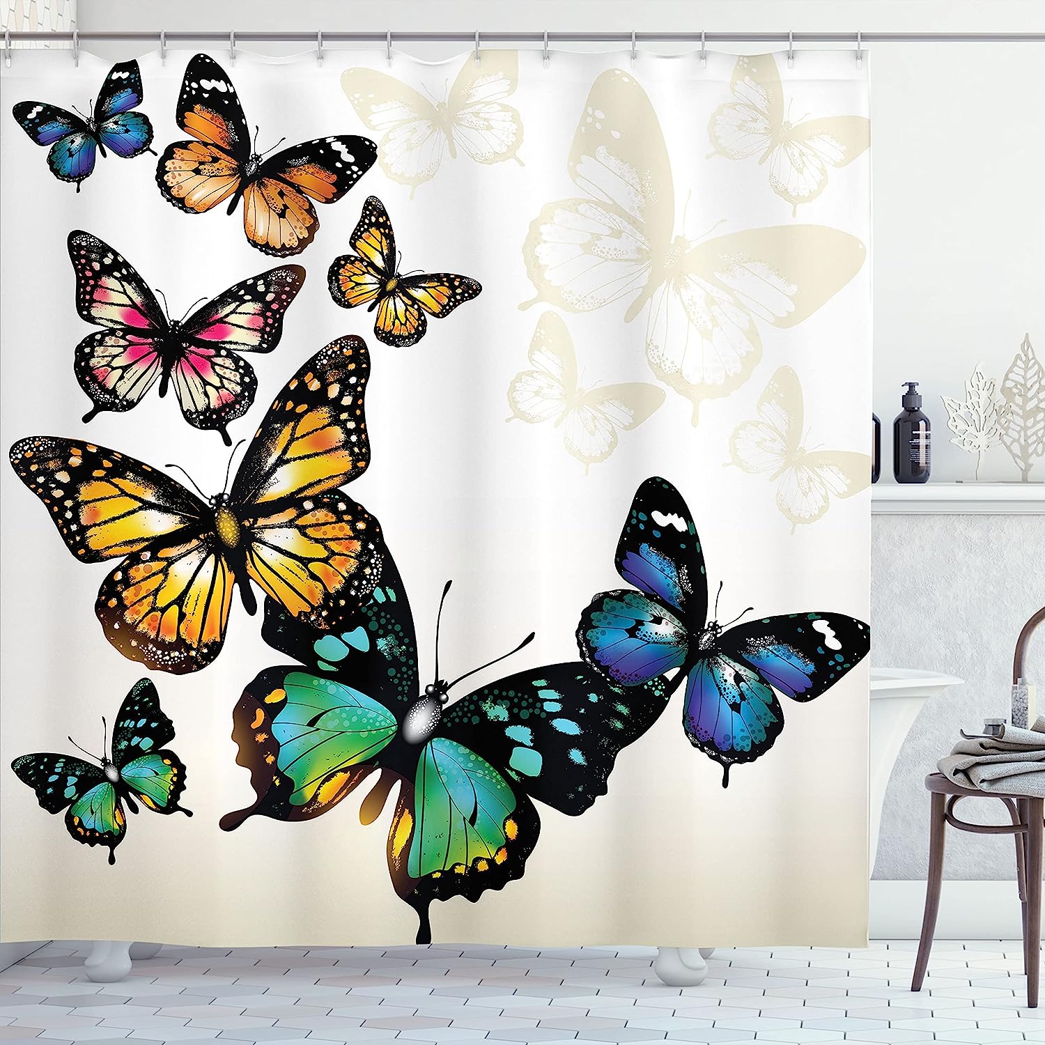 Vivid Monarch Butterflies Flying Shades Shadows Dreamlike Fantasy White Ecru Shower Curtain