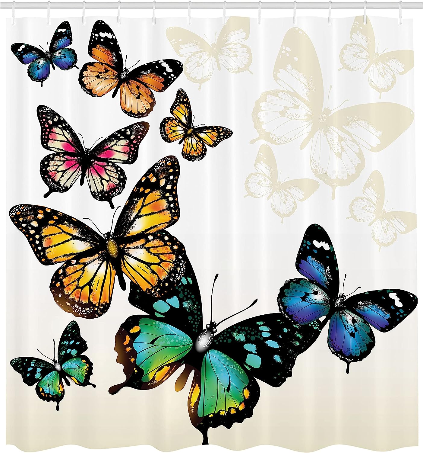 Vivid Monarch Butterflies Flying Shades Shadows Dreamlike Fantasy White Ecru Shower Curtain - Image 2