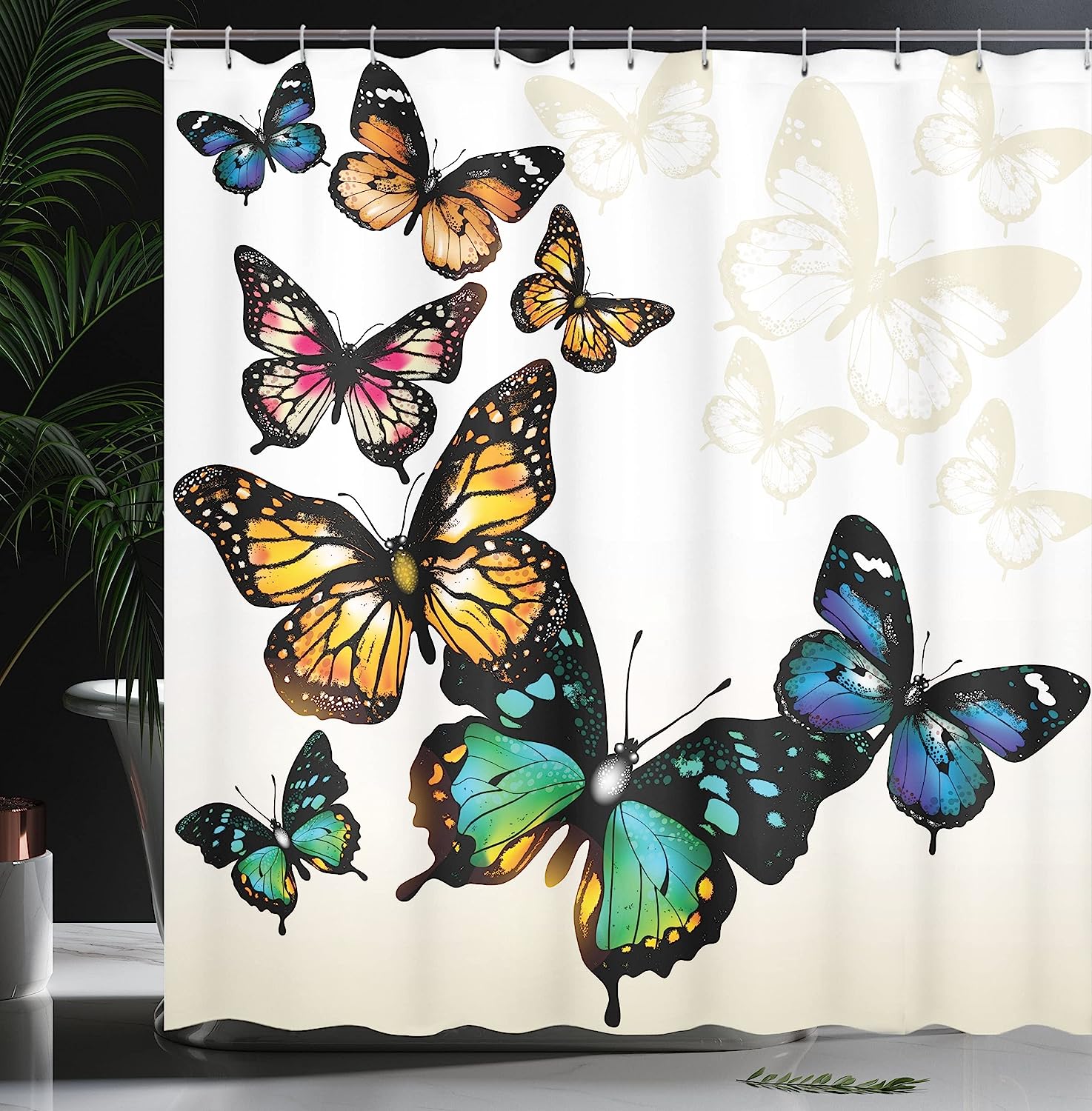 Vivid Monarch Butterflies Flying Shades Shadows Dreamlike Fantasy White Ecru Shower Curtain - Image 3