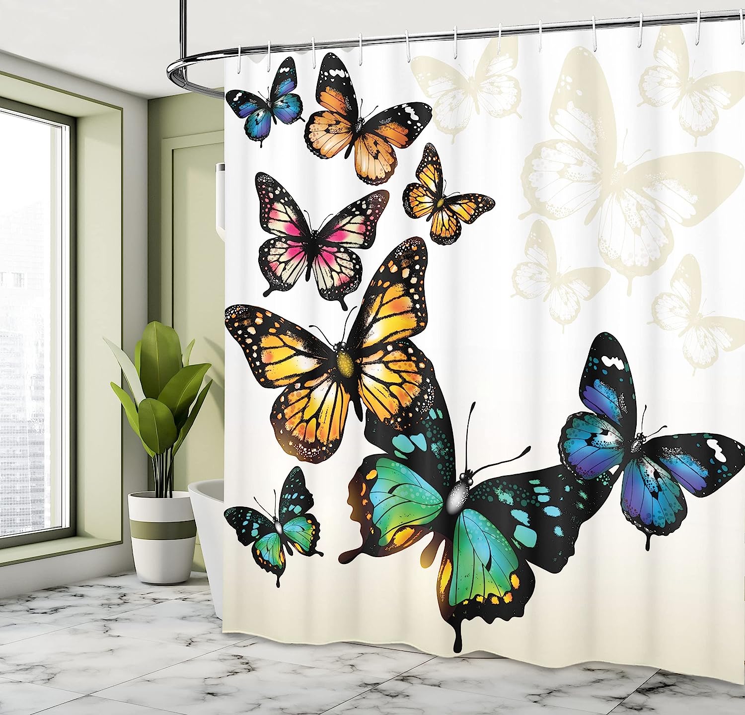 Vivid Monarch Butterflies Flying Shades Shadows Dreamlike Fantasy White Ecru Shower Curtain - Image 4