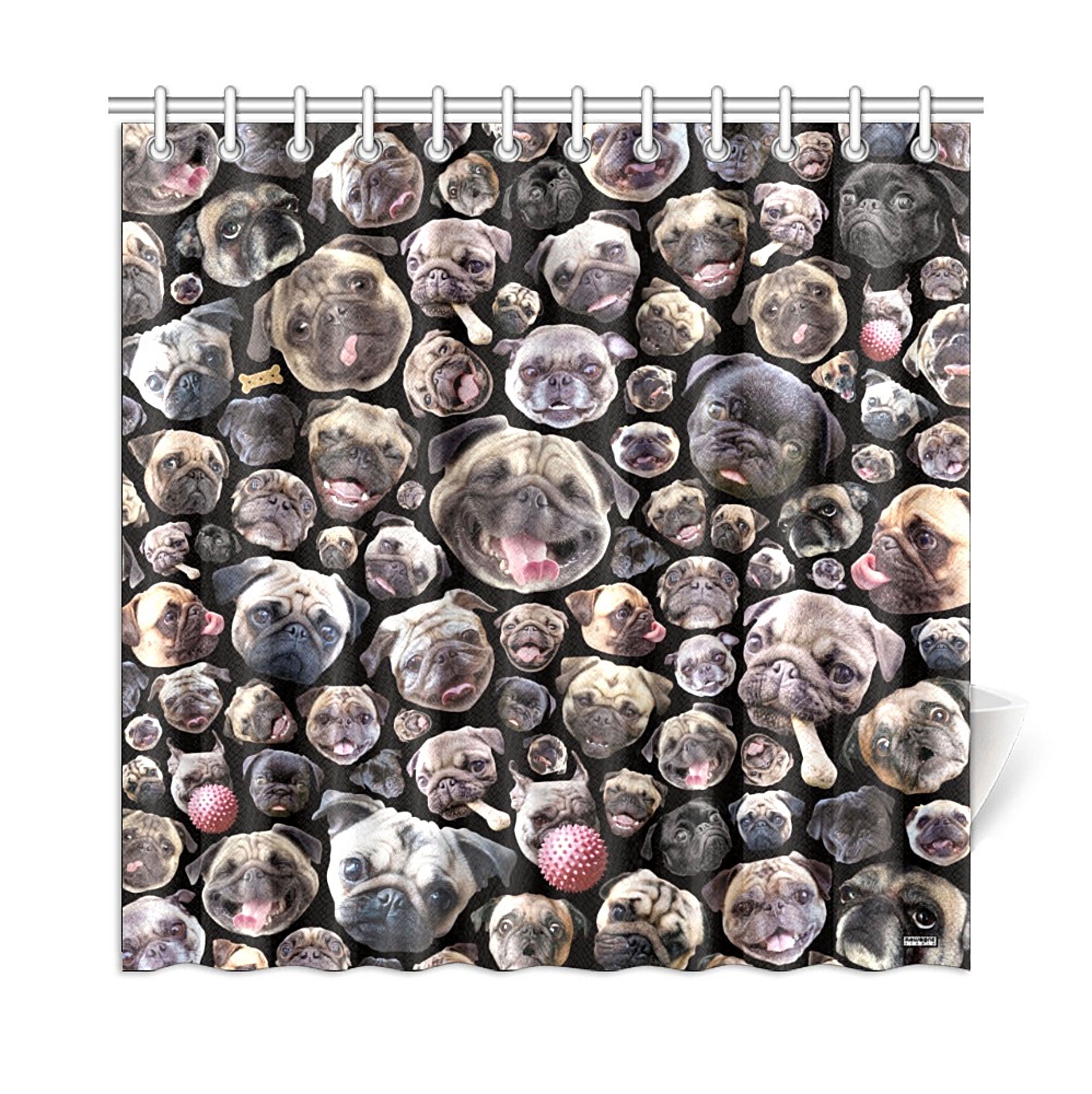 Vivid Pug Dog Portraits Novelty Shower Curtain, Black or White Background
