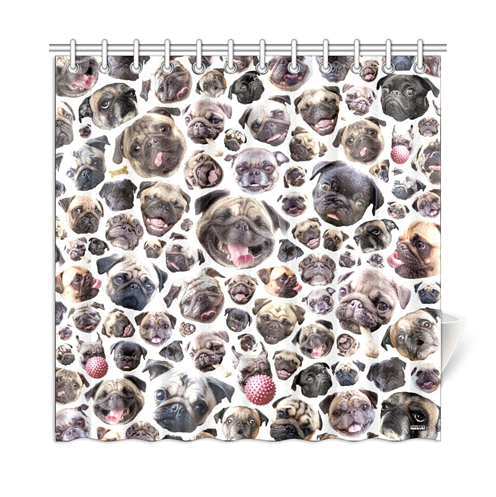 Vivid Pug Dog Portraits Novelty Shower Curtain, Black or White Background