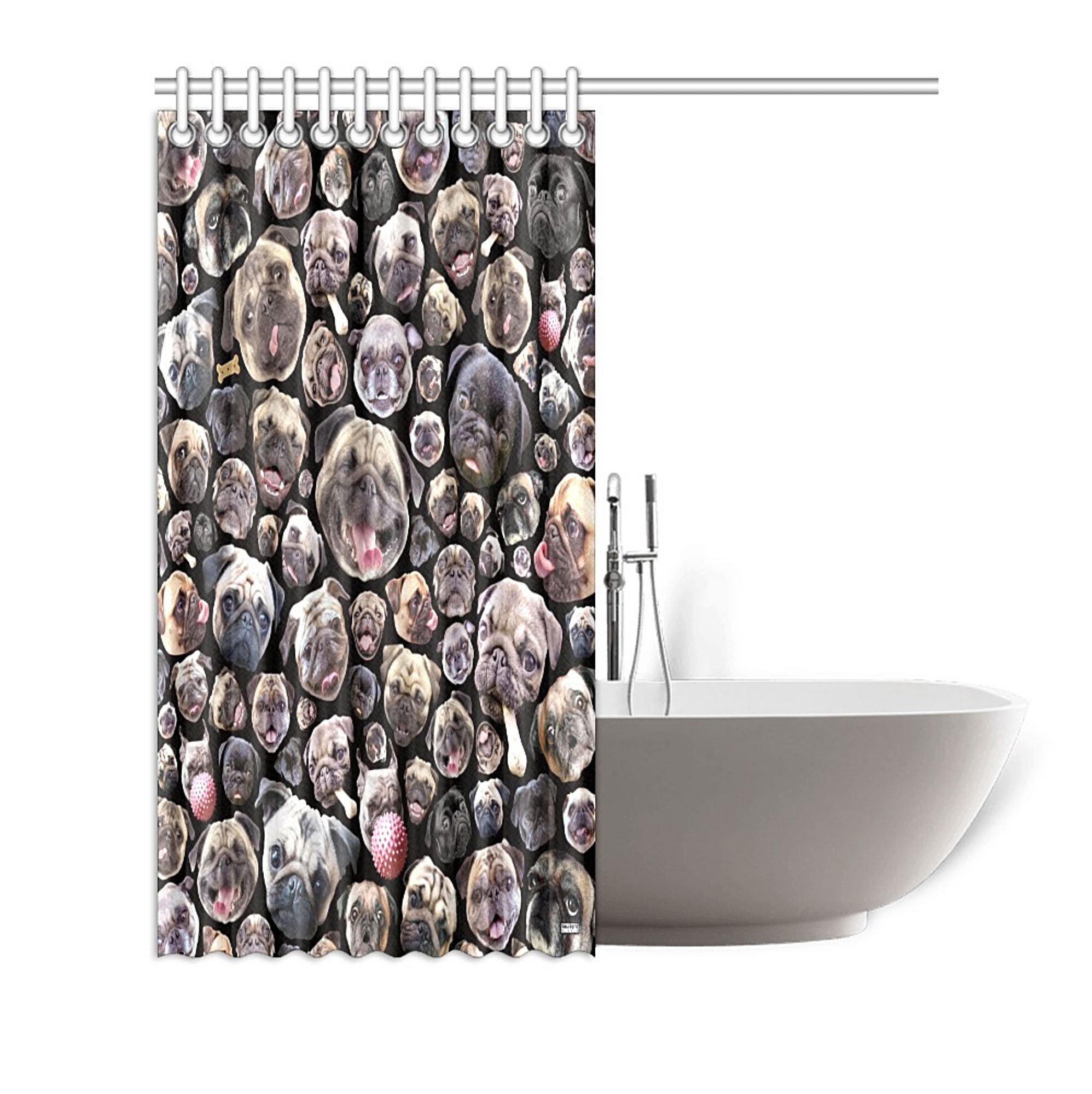 Vivid Pug Dog Portraits Novelty Shower Curtain, Black or White Background
