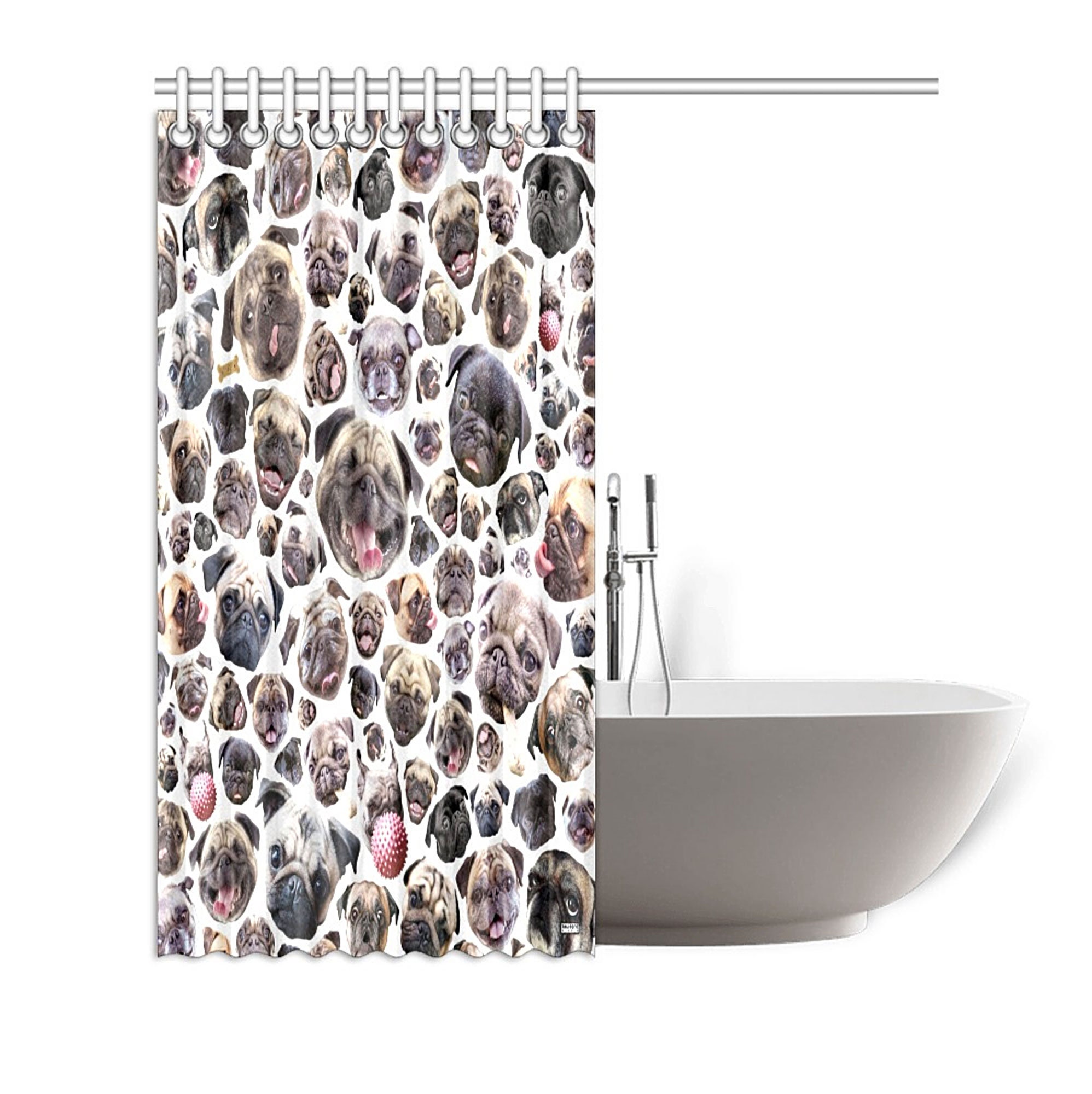 Vivid Pug Dog Portraits Novelty Shower Curtain, Black or White Background