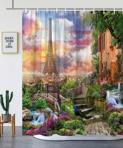 Vivid Spring Scenery and Eiffel Tower Shower Curtain for Colorful Bathroom Decor 