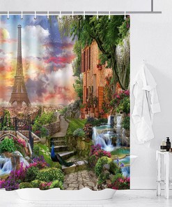 Vivid Spring Scenery and Eiffel Tower Shower Curtain for Colorful Bathroom Decor