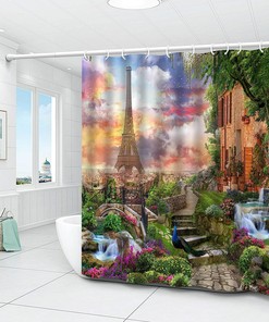 Vivid Spring Scenery and Eiffel Tower Shower Curtain for Colorful Bathroom Decor 