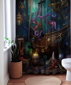 Voyage of the Purple Tentacle Octopus Sea Creature Shower Curtain, Nautical Bathroom Decor 
