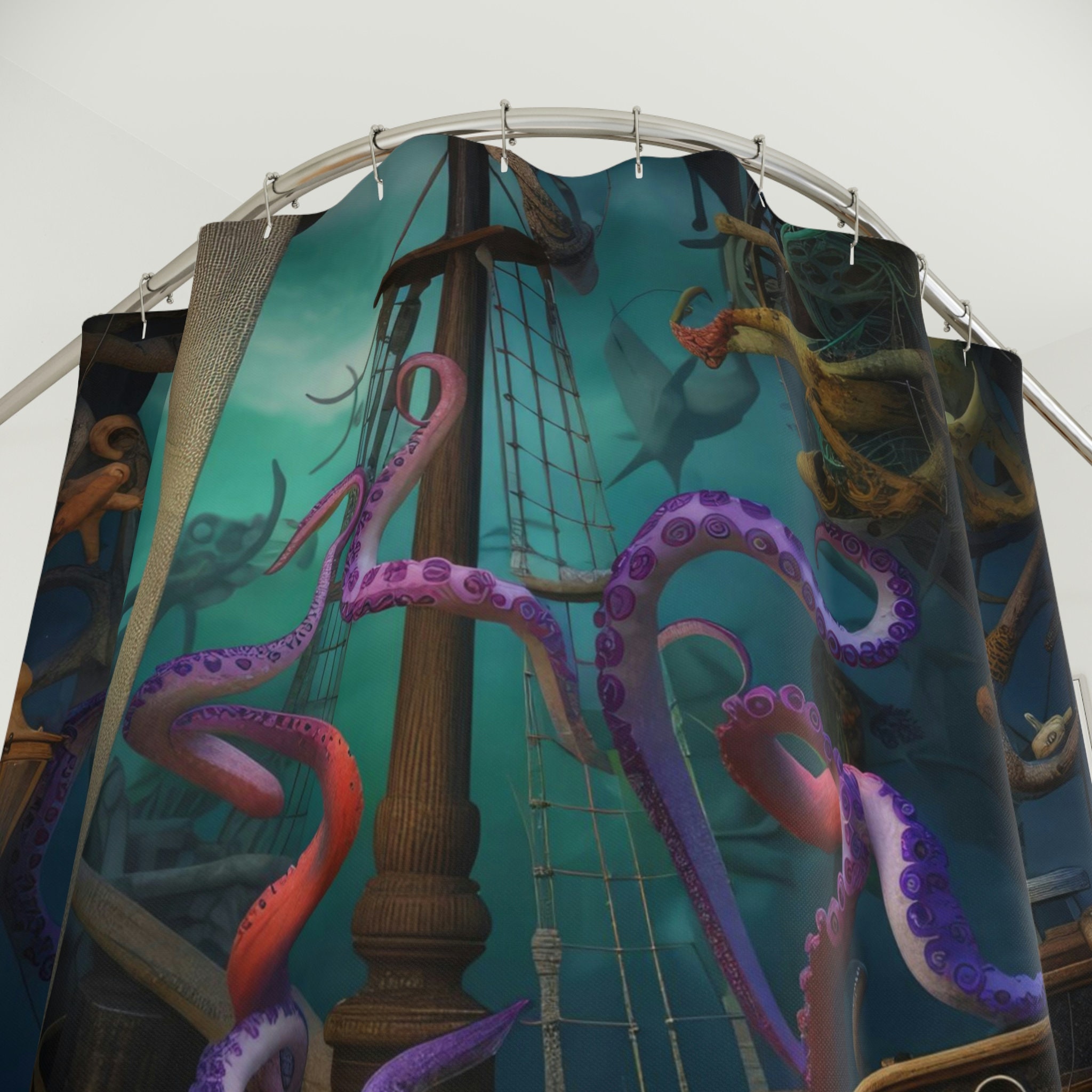 Voyage of the Purple Tentacle Octopus Sea Creature Shower Curtain, Nautical Bathroom Decor