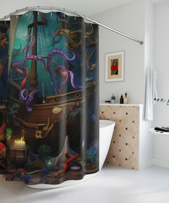 Voyage of the Purple Tentacle Octopus Sea Creature Shower Curtain, Nautical Bathroom Decor