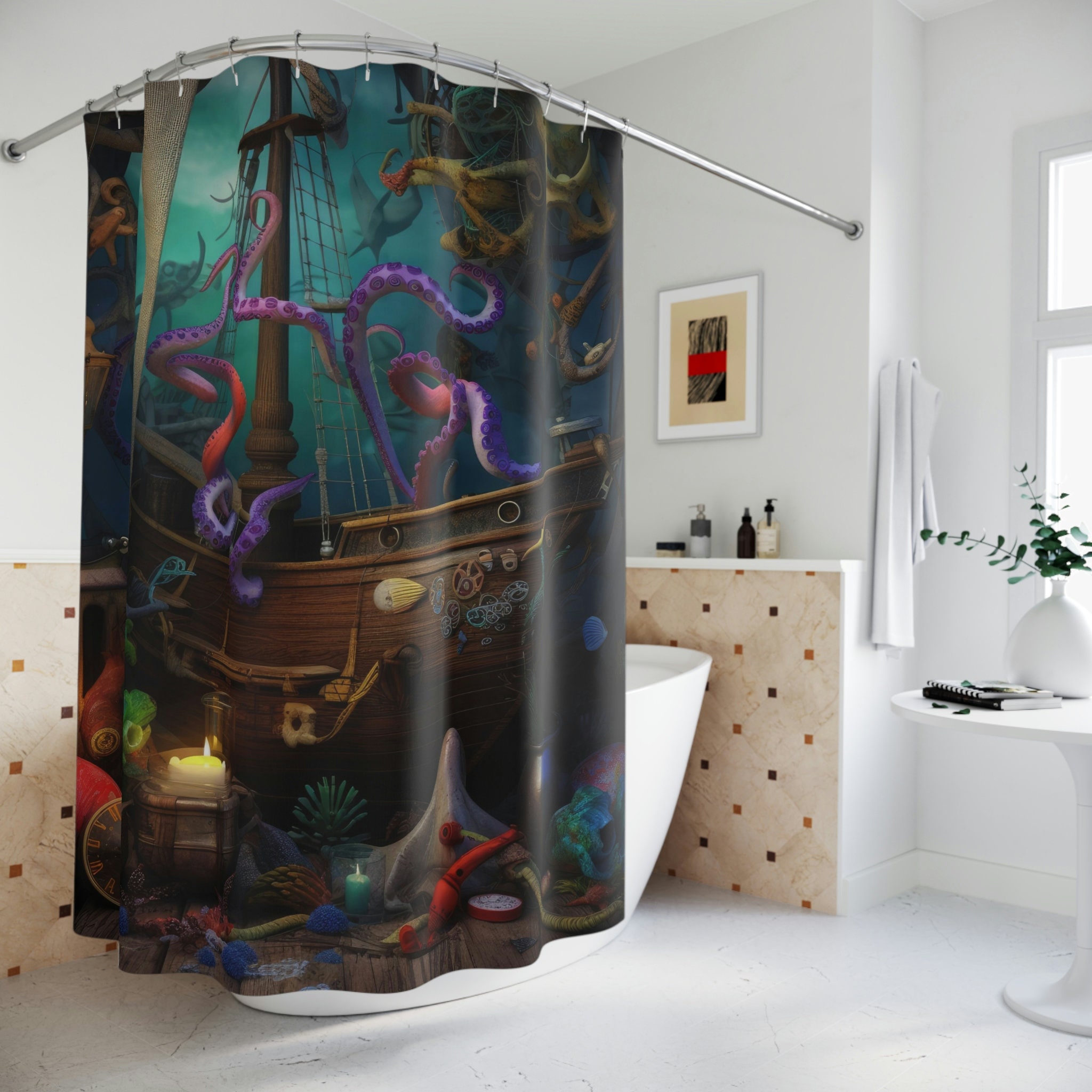 Voyage of the Purple Tentacle Octopus Sea Creature Shower Curtain, Nautical Bathroom Decor