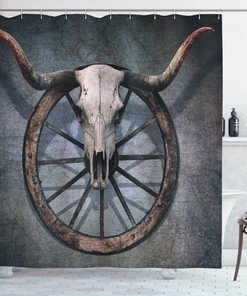 Wagon Wheel Skull Shower Curtain, Western Bathroom Decor with Vintage Print