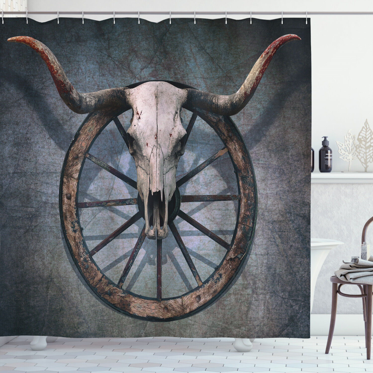 Wagon Wheel Skull Shower Curtain, Western Bathroom Decor with Vintage Print