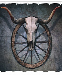 Wagon Wheel Skull Shower Curtain, Western Bathroom Decor with Vintage Print