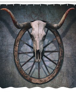 Wagon Wheel Skull Shower Curtain, Western Bathroom Decor with Vintage Print