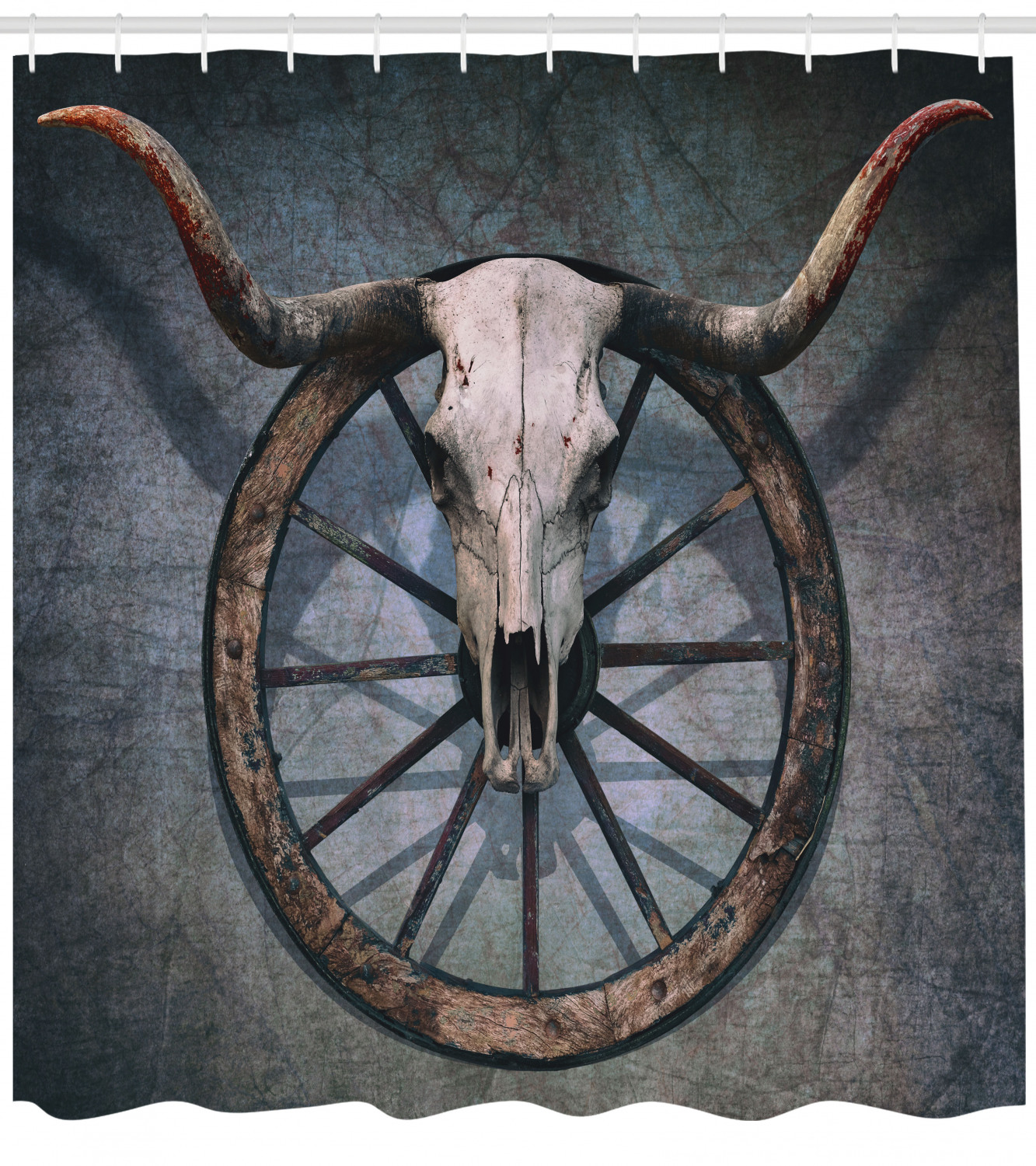 Wagon Wheel Skull Shower Curtain, Western Bathroom Decor with Vintage Print